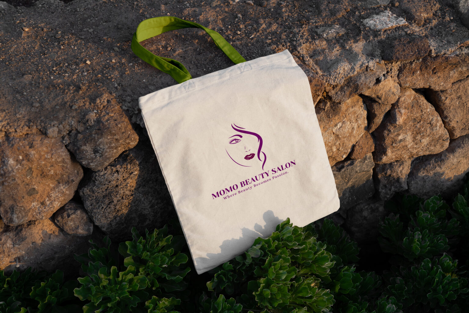 Home free canvas bag laying on stones mockup